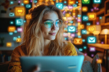 A young woman wearing glasses is engaged with a tablet, surrounded by colorful digital icons in a cozy indoor setting.