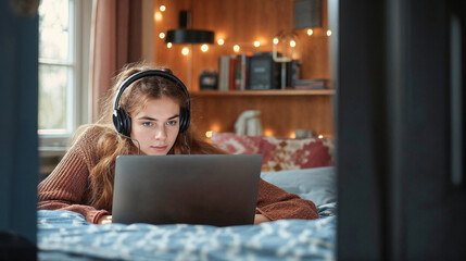 Young woman using headphones and laptop at home, looking focused.