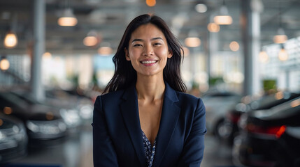 Confident Asian businesswoman smiling in a car dealership showroom, professional attire.