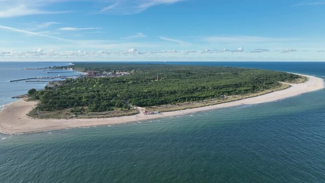 Hel city. Aerial view of Hel Peninsula in Poland, Baltic Sea and Puck Bay Zatoka Pucka Photo made by drone from above. End of poland hel peninsula. Hel beach in Poland