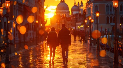Couple on vacation in Venice, Italy - Two lovers enjoying the sunset on a city street - The concept of tourism and love is presented
