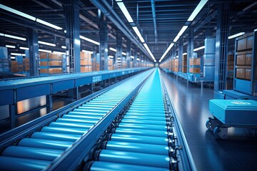 Naklejka premium Open modern logistics warehouse conveyor belt transportation box, ai technology concept