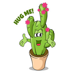 cartoon character  with a cute cactus, happy  hug me day