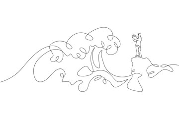 A man takes a picture of a sea wave on a smartphone. A man with a smartphone in his hand. Coastal landscape.One continuous line . Line art. Minimal single line.White background. One line drawing.