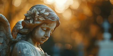 Solace in Stone: Sad Angel Statue in Cemetery. Weathered old angel statue, tranquil silence of a cemetery, copy space.