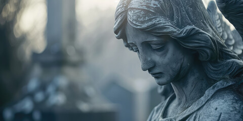 Solace in Stone: Sad Angel Statue in Cemetery. Weathered old angel statue, tranquil silence of a cemetery, copy space. - obrazy, fototapety, plakaty