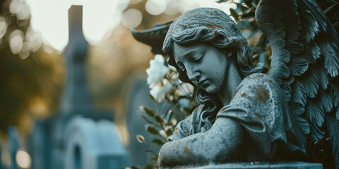 Solace in Stone: Sad Angel Statue in Cemetery. Weathered old angel statue, tranquil silence of a cemetery, copy space. - obrazy, fototapety, plakaty