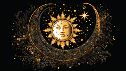 A golden sun and moon with ornate