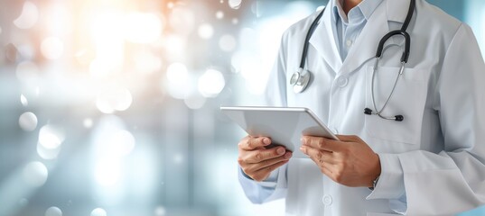 Female doctor using tablet to interact with infographic on virtual screen in hospital
