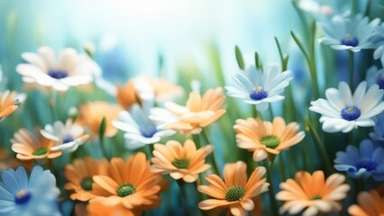 Background with a clearing of spring flowers similar to daisies.