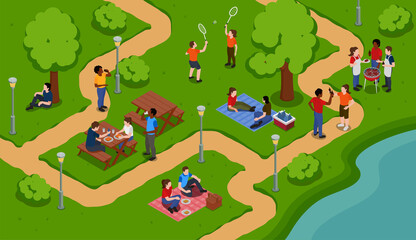 Isometric picnic barbeque composition background with families and friends having lunch in a park