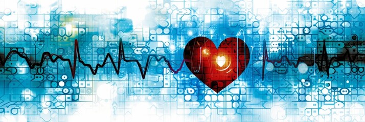 Digital drawing of heartbeat chart with heart symbol on clinic magical blurred defocused background