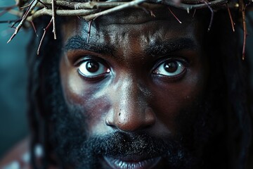 Delve into the depths of compassion with a detailed close-up portrait of a Black Jesus Christ,...