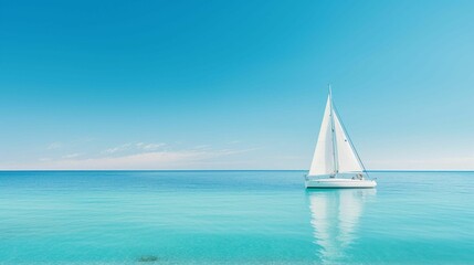An AI illustration of a white sail boat floating in the ocean next to a shore