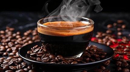 coffee cup and saucer on a table filled with coffee beans