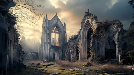 AI generated illustration of a majestic Gothic cathedral, situated in a dark atmosphere - obrazy, fototapety, plakaty