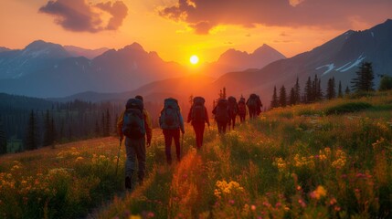 Several sporty people walk in mountains at sunset with backpacks in Altai mountains, Siberia. - obrazy, fototapety, plakaty