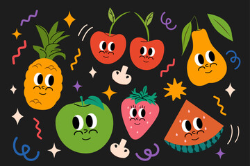 A set of happy and cheerful fruits and vegetables in a trendy groovy style. Vector illustration. Isolated. Funny funky mascot and comic character. Retro aesthetics. Doodle. 2000s and y2k. Pineapple