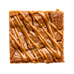  top view of a butterscotch blondie with a caramel drizzle, placed on the white floor in food photography style isolated on a white background - obrazy, fototapety, plakaty