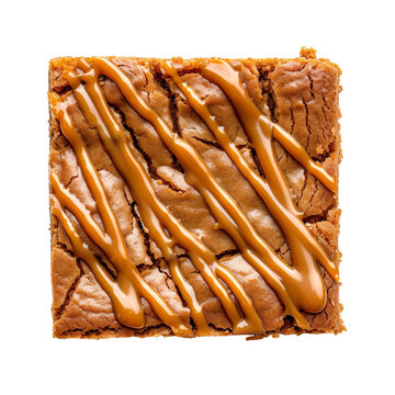  top view of a butterscotch blondie with a caramel drizzle, placed on the white floor in food photography style isolated on a white background