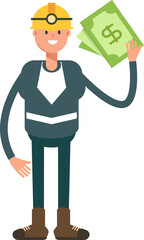 Miner Character Holding Dollar Banknotes
