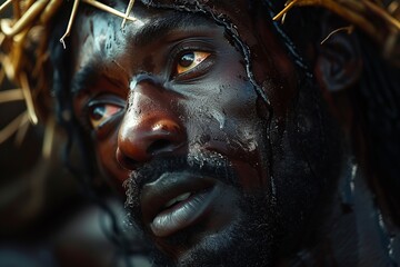 Delve into the depths of compassion with a detailed close-up portrait of a Black Jesus Christ, featuring a photorealistic essence, a thorn crown pressing upon His brow, and a gaze filled