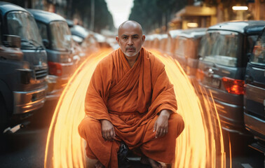 Fototapeta na wymiar Monk in an orange robe in the middle of the traffic created with Generative AI technology