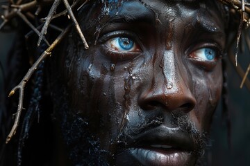 Delve into the depths of compassion with a detailed close-up portrait of a Black Jesus Christ, featuring a photorealistic essence, a thorn crown pressing upon His brow, and a gaze filled