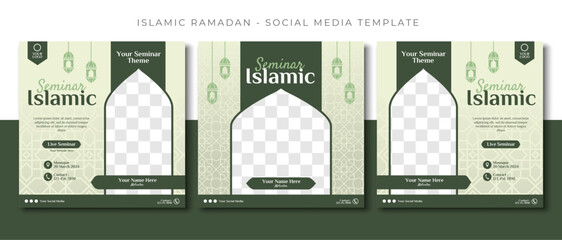 webinar seminar islamic sale, green social media post template design, event promotion vector banner - obrazy, fototapety, plakaty