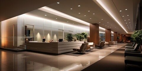 Modern hotel lobby interior with reception desk.