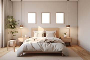 Minimalist bedroom interior with neutral tones and simple decor.
