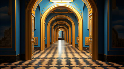 A hallway with a blue and gold flood - obrazy, fototapety, plakaty