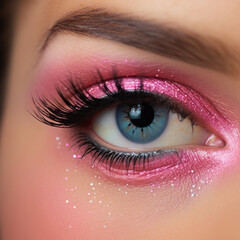 Creative eye makeup with pink eye shadows and arrow.