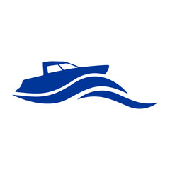 Logo Nautical. Silueta de lancha rápida con olas de mar