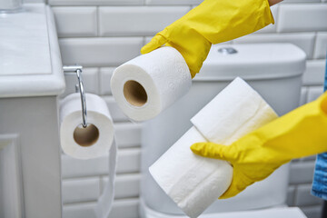 Close-up of tubes of toilet paper in hands, toilet room interior
