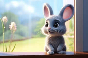 Adorable animated rabbit in a sunny window scene.