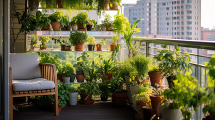Fototapeta na wymiar Vertical garden on a high-rise apartment balcony
