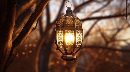 an arabic lantern hangs outside in a tree