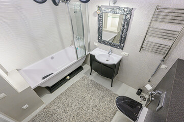 interior apartment room bathroom, sink, decorative elements, toilet. WC, sanitary unit, wash room