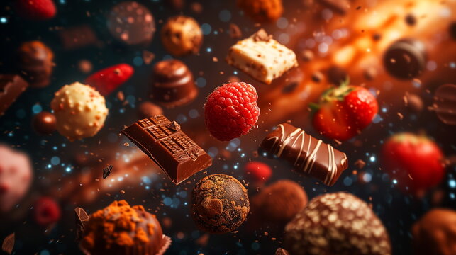 Various chocolates and sweets float in space with a whimsical feel, featuring planets, stars, and a galactic backdrop