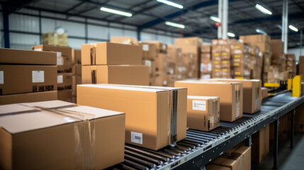 conveyor belt in a distribution warehouse with row of cardboard box packages