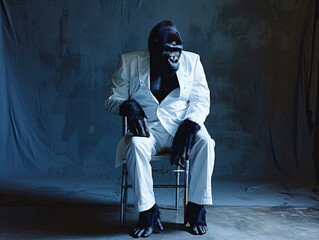 a gorilla in a white suit