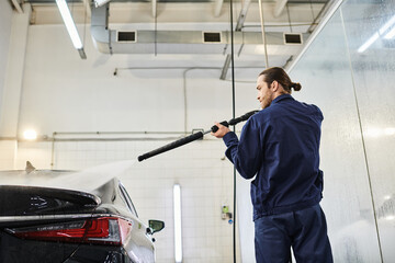 good looking dedicated professional in uniform with collected hair using hose to wash black car