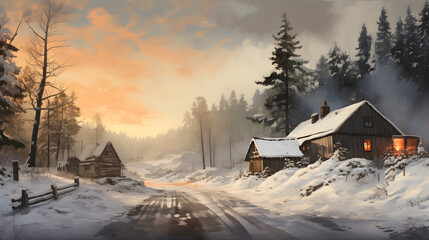 sunset in the mountains,,
Winter Wonderland Cabin SnowCovered with Chimney Smoke
