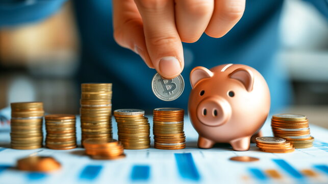 A person's hand carefully places a shiny Bitcoin into a piggy bank, symbolizing the intersection of traditional saving and modern digital currencies. - Powered by Adobe