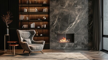 Obraz na płótnie Canvas Modern Library Nook with Armchair and Fireplace