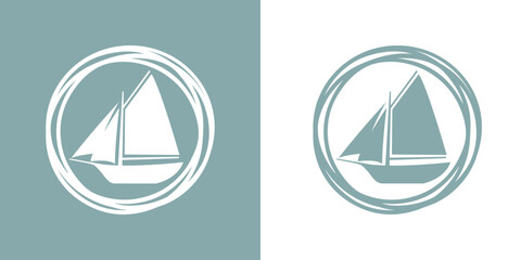 Logo Nautical. Marco circular con líneas con silueta de barco de vela