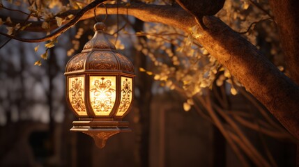 Fototapeta na wymiar an arabic lantern hangs outside in a tree