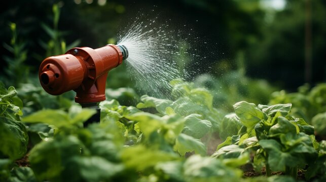 AI generated illustration of a red garden hose spraying water onto a lush vegetable garden