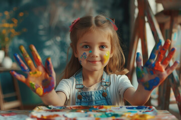 Happy little girl artist painting with paint on hands at home